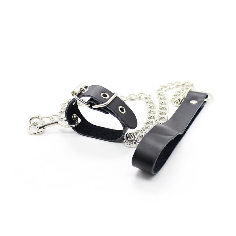 OHMAMA FETISH - COLLIER PÉNIS ET BRACELET EN CUIR AVEC CHAÎNE MÉTALLIQUE