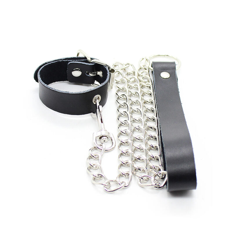 OHMAMA FETISH - COLLIER PÉNIS ET BRACELET EN CUIR AVEC CHAÎNE MÉTALLIQUE