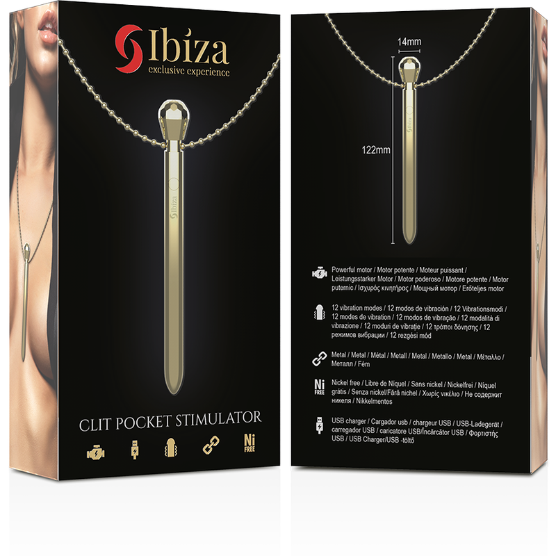 IBIZA - STIMULATEUR DE POCHE CLITO COLLIER CHARGEUR USB 12 MODES DE VIBRATION DORÉ 12,2 X 1,5