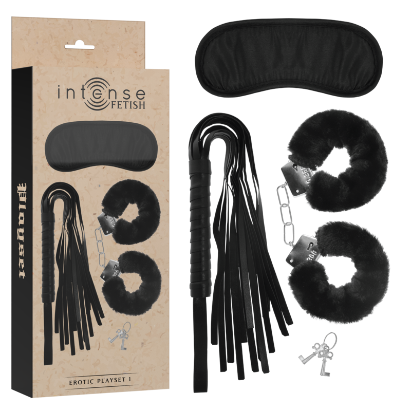 INTENSE - FETISH PLAYSET ÉROTIQUE 1 AVEC MENOTTES, MASQUE AVEUGLE ET FLOGGER