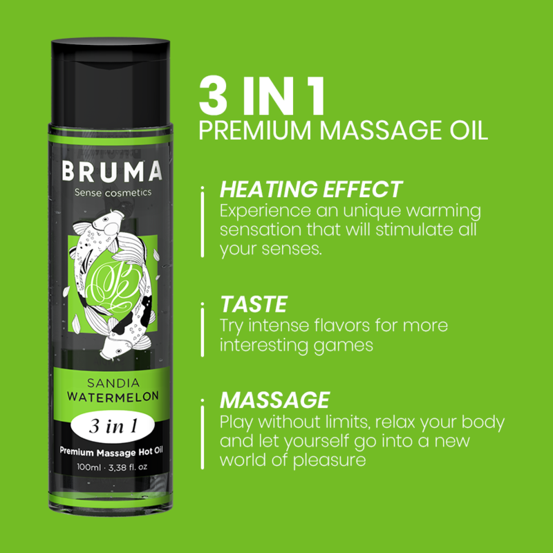 BRUMA - HUILE DE MASSAGE PREMIUM EFFET CHALEUR SAVEUR DE PASTÈQUE 3 EN 1 - 100 ML