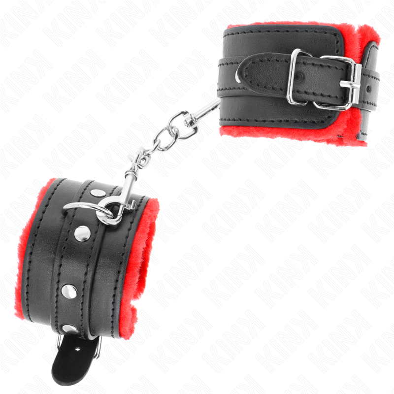 KINK - APPUI-POIGNETS DOUBLÉS DE FOURRURE PREMIUM ROUGE AVEC CEINTURE NOIRE RÉGLABLE 17-29 CM X 6 CM