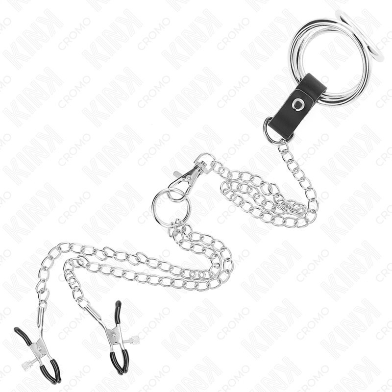 KINK - ANNEAU PÉNIS EN MÉTAL TRIPLE CHROME 3 CM À 4,5 CM AVEC CHAÎNE EN MÉTAL DE 26 CM ET PINCES À TÉTONS